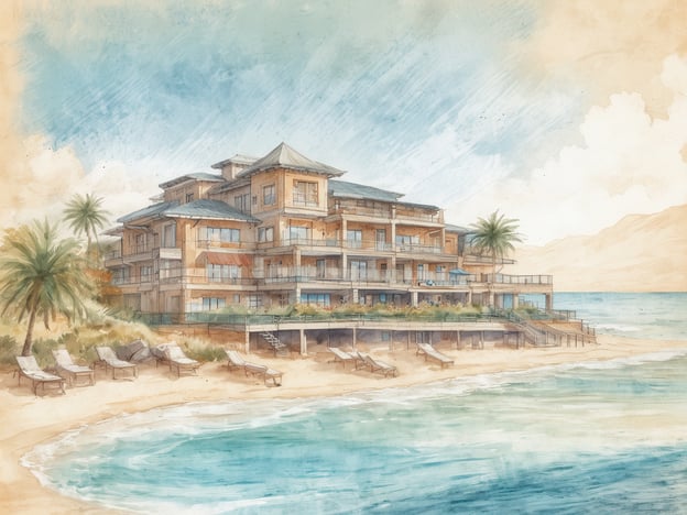 Auf dem Bild ist eine künstlerische Darstellung eines Resorts zu sehen, das am Strand liegt. Es zeigt ein mehrstöckiges Gebäude mit großen Fenstern, Balkonen und einem modernen Design, umgeben von Palmen und Liegestühlen entlang des Wassers. Der Himmel sieht freundlich aus, und das Meer hat eine ruhige, einladende Farbe.
Das **Centara Ao Nang Beach Resort & Spa** ist ein luxuriöses Resort in der Nähe eines der schönsten Strände Thailands. Es bietet eine Vielzahl von Annehmlichkeiten wie elegante Zimmer, ein Spa, Pools und gastronomische Optionen. Gäste können hier entspannen und die beeindruckende Landschaft genießen, während sie Zugang zu zahlreichen Aktivitäten wie Wassersport und Ausflügen zu umliegenden Sehenswürdigkeiten haben.