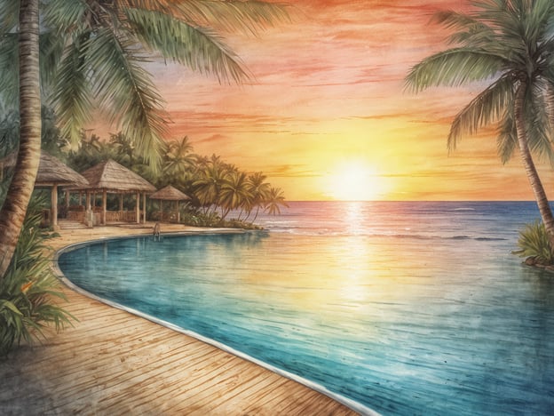 Auf dem Bild ist eine malerische Szene am Strand zu sehen, die eine friedliche Atmosphäre vermittelt. Im Vordergrund verläuft ein Infinity-Pool, der harmonisch mit dem Meer verschmilzt. Die warmen Farben des Sonnenuntergangs reflektieren sich auf der Wasseroberfläche und schaffen eine traumhafte Kulisse. Umgeben von Palmen und traditionellen Thai-Bauten wirkt der Ort sehr idyllisch.
Das Centara Kata Resort Phuket befindet sich in einer ähnlichen Umgebung und bietet eine entspannende Atmosphäre für Gäste, die den tropischen Charme Thailands genießen möchten. Das Resort verfügt über luxuriöse Annehmlichkeiten, darunter mehrere Pools, Wellnessangebote und direkten Zugang zu schönen Stränden, was es zu einem idealen Ziel für Erholungssuchende macht.