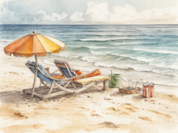 Auf dem Bild ist ein schöner Strand mit zwei Liegestühlen und einem Sonnenschirm zu sehen. Diese Szene lädt dazu ein, sich zu entspannen, Sonnenbaden zu gehen oder einfach die Meeresbrise zu genießen.
Typische Freizeitaktivitäten im Resort könnten auch Strandspiele, Sandburgen bauen mit Eimern und Schaufeln, Schwimmen im Meer oder das Lesen eines Buches unter dem Sonnenschirm umfassen. Zudem könnten Gäste an verschiedenen Wassersportarten teilnehmen oder einen Spaziergang entlang der Küste unternehmen.