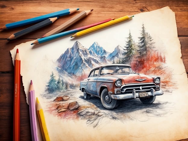 Auf dem Bild ist eine Zeichnung eines klassischen Autos zu sehen, das vor einer malerischen Berglandschaft steht. Um das Bild herum liegen bunte Buntstifte, die darauf hindeuten, dass es möglicherweise Teil eines kreativen Prozesses ist.
Was ist Fantasiana? Fantasiana könnte auf ein fiktives Land oder einen Freizeitpark hinweisen, der mit Fantasie, Abenteuer und kreativen Erlebnissen verbunden ist, in dem verschiedene Attraktionen und Erlebnisse angeboten werden, die die Vorstellungskraft anregen.