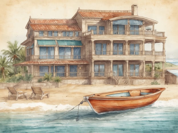 Das Bild zeigt ein malerisches Gebäude am Strand, das eine einladende Atmosphäre vermittelt. Vor dem Haus befindet sich ein kleiner Holzboot und Liegestühle, die zum Entspannen einladen.
Im Centara Karon Resort können Gäste ähnliche entspannende Unterkünfte genießen, die oft mit Blick auf das Meer ausgestattet sind. Die Zimmer bieten Komfort und Annehmlichkeiten, die einen perfekten Urlaub garantieren, ähnlich wie die beruhigende Umgebung im dargestellten Bild. Hier können Besucher die Schönheit der Natur und den Zugang zum Strand genießen, während sie sich in stilvollen und gut ausgestatteten Unterkünften entspannen.