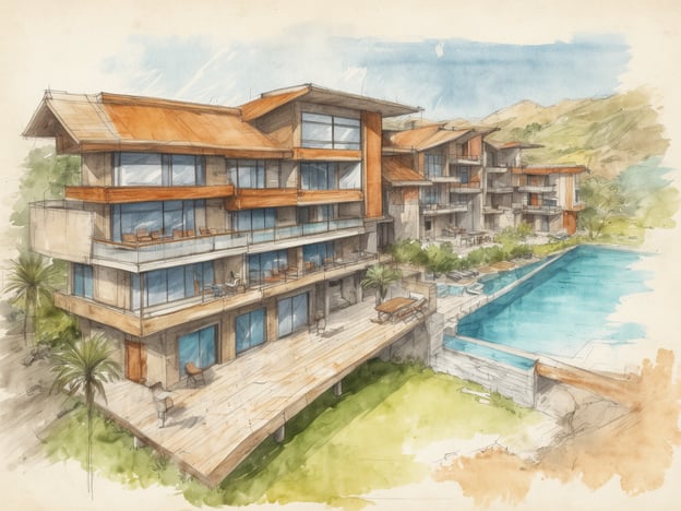 Auf dem Bild ist eine künstlerische Darstellung eines modernen Wohnkomplexes zu sehen, der wahrscheinlich das Centara West Bay Hotel & Residences symbolisiert. Es zeigt mehrere Etagen mit großen Fenstern und Balkonen, die auf einen Swimmingpool und eine grüne Umgebung blicken. Die Architektur ist zeitgemäß, mit einer Mischung aus natürlichen Materialien und einem stylischen Design.
Das Centara West Bay Hotel & Residences ist eine luxuriöse Unterkunft, die sich durch eine ideale Lage am Strand auszeichnet. Es bietet eine Vielzahl von Annehmlichkeiten, darunter ein Spa, Restaurants und Freizeitmöglichkeiten. Gäste können atemberaubende Ausblicke auf das Wasser genießen und die Annehmlichkeiten eines hochwertigen Resorts erleben.