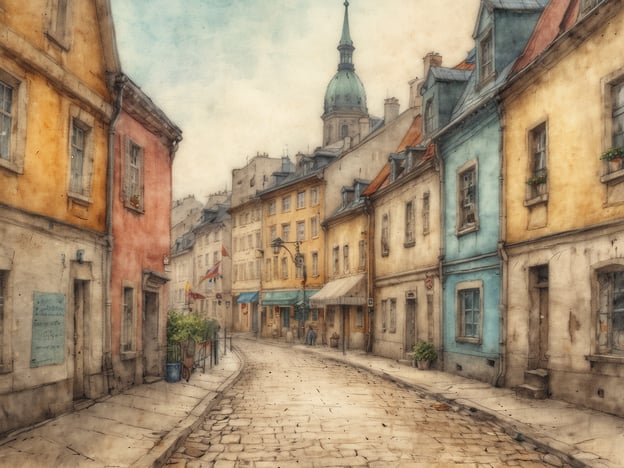 Eine charmante und historische Straße im 8. Bezirk Josefstadt mit bunten Häusern in Gelb, Orange und Blau. Die gepflasterte Straße schlängelt sich durch die malerische Kulisse und ist von kleinen Geschäften und Cafés gesäumt. Im Hintergrund erhebt sich eine charakteristische Kirchturmspitze, die das Stadtbild prägt. Die Atmosphäre wirkt einladend und nostalgisch, perfekt für einen entspannten Spaziergang durch die versteckten Schätze dieses Stadtteils.