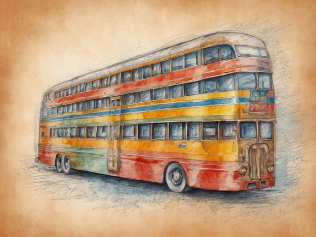 Auf dem Bild ist ein farbenfroher Doppelstockbus zu sehen, der in einem künstlerischen Aquarellstil dargestellt ist. Dieser alte Bus, mit leuchtenden Farben wie Rot, Orange, Gelb und Grün, vermittelt nostalgische Gefühle und erinnert an die goldene Ära des Straßenverkehrs.
Ein einzigartiges Erlebnis könnte eine nostalgische Stadtrundfahrt in einem ähnlichen Bus sein, bei der die Passagiere unterhaltsame Geschichten über die Stadtgeschichte hören und die Sehenswürdigkeiten aus einer neuen Perspektive entdecken können. Solche Erlebnisse bieten nicht nur eine ungewöhnliche Art des Reisens, sondern auch die Möglichkeit, die Stadt mit Freunden und Familie auf eine besondere Art zu erkunden.