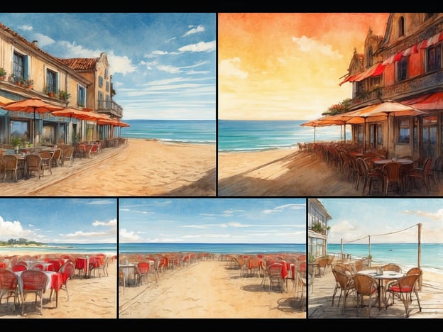 Auf dem Bild sind verschiedene Ansichten eines Strandcafés oder Restaurants zu sehen, das an einem Sandstrand liegt. Es gibt Tische mit roten Tischdecken und Sonnenschirme in den Farben der Einrichtung, die auf eine entspannte, maritime Atmosphäre hinweisen. Die Aussicht auf das Meer und den Himmel wirkt einladend.
Die Öffnungszeiten und Standorte könnten eventuell wie folgt sein, basierend auf typischen Strandcafés:
- **Standort**: Küstenregion, etwa in Südeuropa oder entlang mediterraner Strände.
- **Öffnungszeiten**: Täglich von 10:00 bis 22:00 Uhr, abhängig von der Saison.
Bitte beachten, dass die genauen Standorte und Öffnungszeiten variieren können.