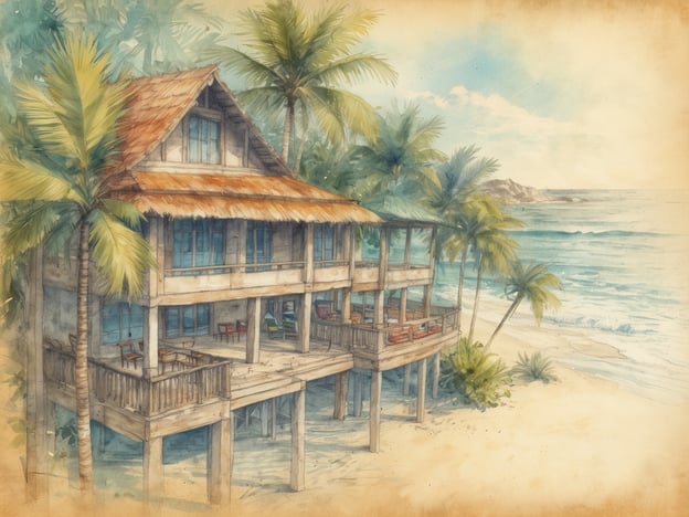 Auf dem Bild ist eine stilisierte Illustration eines Strandoases zu sehen, die an den Centara Palm Beach Resort & Spa erinnert. Das Gebäude ist im traditionellen Stil mit einem Strohdach gestaltet und steht auf Pfählen direkt am Strand. Rund um die Struktur wachsen hohe Palmen, und im Hintergrund erstreckt sich das Meer.
Das Centara Palm Beach Resort & Spa bietet eine malerische Kulisse für einen entspannten Urlaub. Die Anlage ist bekannt für ihre erstklassigen Annehmlichkeiten, darunter elegante Unterkünfte, traumhafte Strände, verschiedene Freizeitmöglichkeiten und erstklassige Wellnessangebote. Gäste können eine Vielzahl von Aktivitäten genießen, darunter Wassersport, entspannende Spa-Behandlungen und exquisite gastronomische Erlebnisse.