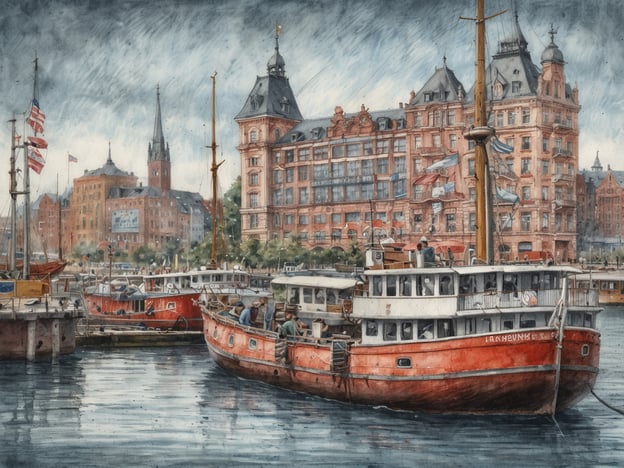 Eine malerische Hafenansicht in Hamburg zeigt mehrere Boote, darunter ein rot gestrichenes Schiff, das vor einer beeindruckenden historischen Gebäudezeile ankert. Im Hintergrund erhebt sich ein hoher Kirchturm neben anderen städtischen Strukturen. Flaggen wehen sanft im Wind, während das Wasser ruhig bleibt. Die Szenario vermittelt ein Gefühl von maritimer Atmosphäre und lädt dazu ein, die maritime Metropole im Norden zu erkunden.