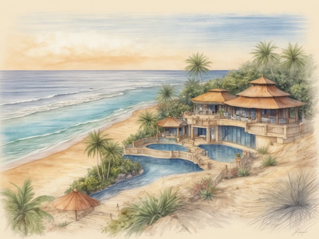Auf dem Bild ist eine künstlerische Darstellung eines traumhaften Resorts zu sehen, das in stilvoller Bauweise direkt am Meer liegt. Die Architektur zeigt ein Haus oder mehrere Gebäude mit spitzen Dächern, umgeben von Palmen und einem Poolbereich, der in die natürliche Landschaft integriert ist. Der Strand im Vordergrund und das ruhige Meer vervollständigen die idyllische Szenerie, die zu einem entspannten Urlaub einlädt.
### Überblick über das Centara Seaview Resort
Das Centara Seaview Resort ist bekannt für seine malerische Lage an der Küste und bietet Gästen luxuriöse Unterkünfte sowie eine Vielzahl von Annehmlichkeiten. Die Anlage ist ideal für Familien, Paare und Reisende, die Entspannung und Erholung suchen. Zu den Angeboten gehören:
- **Unterkünfte**: Geräumige Zimmer und Villen, oft mit Meerblick und privatem Balkon.
- **Pools**: Mehrere Außenpools, die einen direkten Zugang zur Strandlandschaft ermöglichen.
- **Restaurants**: Vielfältige gastronomische Optionen, die lokale und internationale Küche anbieten.
- **Aktivitäten**: Wassersportmöglichkeiten, Spa-Bereich und Freizeitaktivitäten für die ganze Familie.
Insgesamt bietet das Centara Seaview Resort eine perfekte Mischung aus Komfort, Luxus und natürlicher Schönheit.