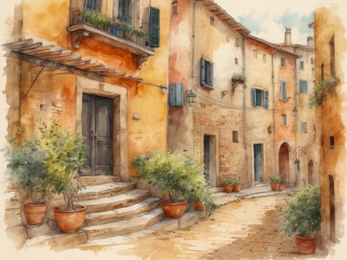 Eine malerische Gasse in einem kleinen italienischen Dorf, umgeben von der charakteristischen Architektur mit warmen Farbtönen. Die schmalen Steinstufen führen zu einer durch einen Holztür geschützten Eingangstür. An den Wänden sind blühende Pflanzen in Tontöpfen platziert, die der Szenerie eine liebevolle Note verleihen. Die Fenster sind mit grün gestrichenen Fensterläden versehen, und die sanfte Beleuchtung von Straßenlaternen schafft eine einladende Atmosphäre. Diese verborgene Ecke ist ein perfekter Ort, um das authentische italienische Leben zu genießen, abseits der Touristenpfade.