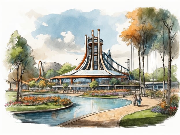 Auf dem Bild ist eine künstlerische Darstellung eines modernen Freizeitparks zu sehen, möglicherweise inspiriert von Energylandia. Die Architektur ist futuristisch, mit hohen Türmen und geschwungenen Linien, die an aufregende Fahrgeschäfte erinnern. Im Vordergrund verläuft ein malerischer Weg entlang eines ruhig fließenden Wassers, umgeben von bunten Blumen und Bäumen.Energylandia, im Herzen Polens, gilt als einer der größten Freizeitparks des Landes. Der Park wurde 2016 eröffnet und bietet eine Vielzahl von Attraktionen, darunter Achterbahnen, Wasserfahrten und zahlreiche thematische Bereiche, die für Spaß und Abenteuer für die ganze Familie sorgen. Die Vision hinter Energylandia war es, ein führendes Ziel für Unterhaltung und Erholung zu schaffen, was sich auch in der ansprechenden Gestaltung des Parks widerspiegelt.