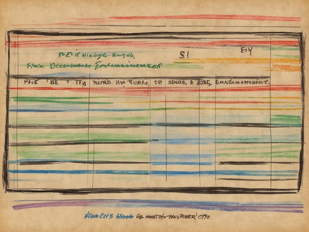 Das Bild zeigt ein handgezeichnetes Diagramm oder eine Tabelle, die mit verschiedenen Farben unterteilt ist. Im oberen Bereich sind einige farbige Linien und handschriftliche Notizen zu sehen. Die Schrift scheint teilweise schwer lesbar, mit Worten, die teilweise durch Abkürzungen oder unvollständige Sätze dargestellt sind. Am unteren Rand des Bildes steht eine blaue Unterschrift. Der Hintergrund ist beige und wirkt leicht verknittert oder abgenutzt.