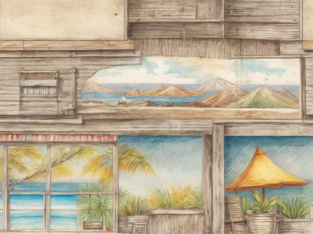 Das Bild zeigt eine gemütliche Innenansicht eines Hauses mit Holzverkleidung. An der Wand sind große Fenster, die den Blick auf eine erfreuliche Landschaft mit Wasser und Hügeln freigeben. Im Vordergrund sind Palmen und ein gelbes Sonnenschirm zu sehen, während der Raum mit einem Strohsessel dekoriert ist. Hinter den Fenstern erstreckt sich eine ruhige Küstenlandschaft, die zum Entspannen einlädt.