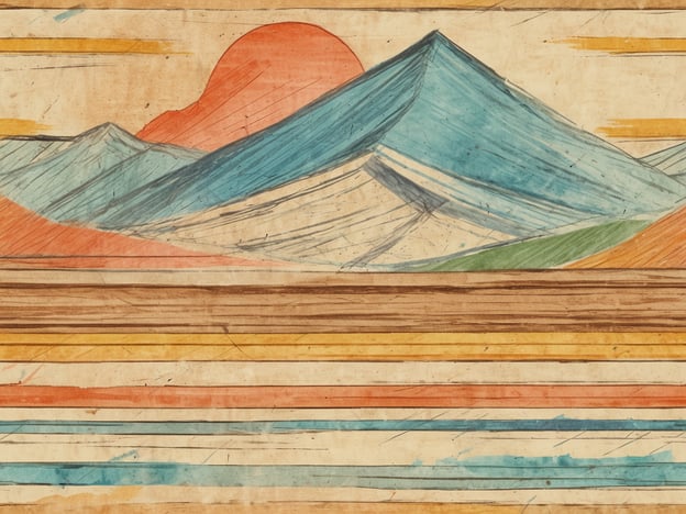 Auf dem Bild sind stilisierte Berge und ein großer, runder Sonnenuntergang zu sehen. Die sanften Farben und die abstrakten Formen schaffen eine ruhige und harmonische Atmosphäre.
Eine mögliche Aktivität, die man in solch einer Umgebung genießen könnte, wäre eine Wanderung durch die Berge, um die frische Luft und die Schönheit der Natur zu erleben. Auch ein Picknick in einem malerischen Tal würde die Annehmlichkeiten der Landschaft hervorheben. Zudem könnte man meditieren oder einfach die Aussicht bei Sonnenuntergang genießen, was eine entspannende und inspirierende Erfahrung sein kann.