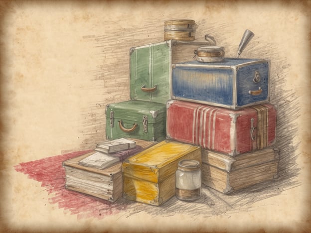Auf dem Bild sind mehrere Koffer und Bücher zu sehen, die übereinander gestapelt sind. Die Koffer haben verschiedene Farben wie grün, blau, rot und gelb und zeigen unterschiedliche Designs. Neben den Koffern befinden sich auch einige Stapel Bücher sowie ein kleines Glas. Die gesamte Szene vermittelt einen nostalgischen Eindruck, als wäre sie in einer alten Umgebung oder auf einem Reisemarkt entstanden. Dieser Anblick könnte an eine Zeit erinnern, in der man oft reist, vielleicht nach sechs Wochen krank, dann Urlaub und dann wieder krank.