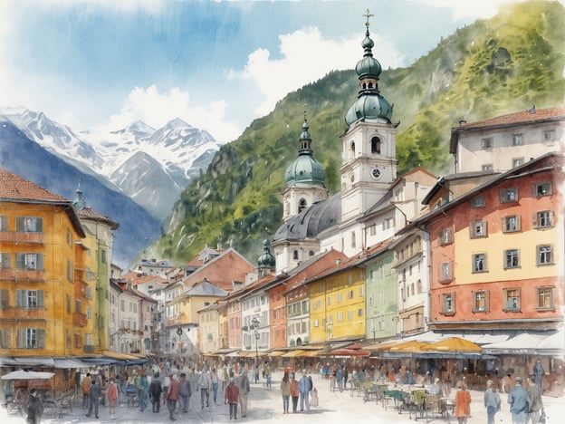 Auf dem Bild ist eine malerische Ansicht von Innsbruck zu sehen, die die kulturelle Vielfalt der Stadt widerspiegelt. Die bunten Gebäude zeugen von der historischen Architektur, die viele verschiedene Stile vereint. Die Kirchen mit den charakteristischen Türmen sind ein wichtiges Merkmal der Stadt und symbolisieren das religiöse Erbe.Im Vordergrund sieht man Menschen, die sich in einem lebhaften Platz aufhalten, was die soziale Vielfalt und das multikulturelle Leben in Innsbruck betont. Die majestätischen Berge im Hintergrund unterstreichen die natürliche Schönheit der Region und ziehen sowohl Einheimische als auch Touristen an. Insgesamt vermittelt das Bild ein Gefühl von Gemeinschaft und kulturellem Reichtum, das Innsbruck einzigartig macht.