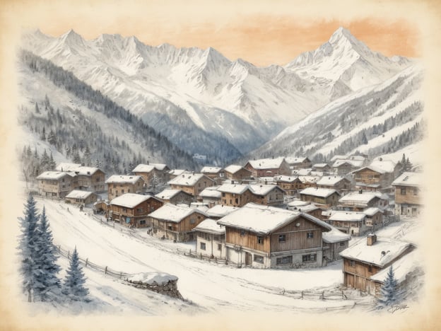 Auf dem Bild ist eine idyllische Winterlandschaft zu sehen, die an die traditionellen alpinen Dörfer erinnert, wie man sie auch in der Geschichte von Kitzbühel finden kann. Kitzbühel, bekannt für seine bezaubernde Altstadt und seine Winteraktivitäten, hat eine reiche Geschichte, die bis ins 13. Jahrhundert zurückreicht.Die Darstellung zeigt holzbauende Häuser, umgeben von schneebedeckten Bergen und Tannenbäumen, was die typische alpine Architektur und Natur widerspiegelt. Kitzbühel entwickelte sich im Laufe der Jahrhunderte von einem kleinen Bergdorf zu einem berühmten Ferienort, der für seine Skirennen, besonders die Hahnenkamm-Abfahrt, international bekannt ist.Dieses Bild könnte die Harmonie und die malerische Schönheit der Region verkörpern, die sowohl Einheimische als auch Touristen anzieht und den Charme der traditionellen österreichischen Alpenlandschaft vermittelt.