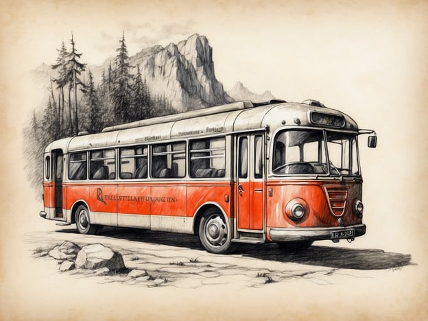 Auf dem Bild ist ein historischer Bus zu sehen, der in einem skizzenhaften Stil dargestellt ist. Der Bus hat eine charakteristische Form und ist rot mit einem silbernen Dach. Er steht auf einem Weg, umgeben von Bäumen und Bergen, was auf eine ländliche oder bergige Umgebung hinweist.
Praktische Informationen zu einem solchen Bus könnten Folgendes umfassen:
1. **Verwendung**: Historische Busse werden oft für nostalgische Fahrten, Touren oder Veranstaltungen eingesetzt.
2. **Restaurierung**: Viele dieser Fahrzeuge werden von Liebhabern restauriert und erhalten, um die Mobilität der Vergangenheit zu bewahren.
3. **Tourismus**: Solche Busse sind oft Teil von touristischen Attraktionen, die eine Verbindung zur Geschichte der Verkehrsmittel bieten.
Diese Art von Bus könnte in verschiedenen Museen oder auf Oldtimertreffen anzutreffen sein.