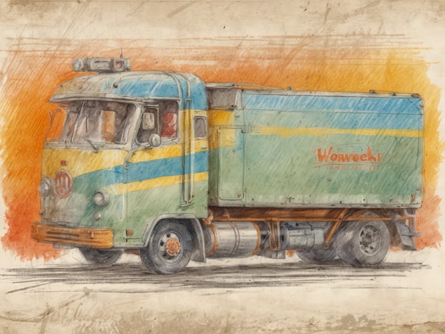 Ein farbenfroher Lkw mit einer Kombination aus grünen, blauen und gelben Farben steht auf einer abgegrenzten Fläche. Der Lkw hat eine schlichte Form und ist auf der Seite mit dem Schriftzug „Wowweeks“ beschriftet. Im Hintergrund ist ein orangefarbener Farbverlauf zu sehen, der dem Bild eine lebendige Atmosphäre verleiht. Die Zeichnung wirkt wie eine Aquarellskizze und vermittelt den Eindruck von Nostalgie und Zweckmäßigkeit.