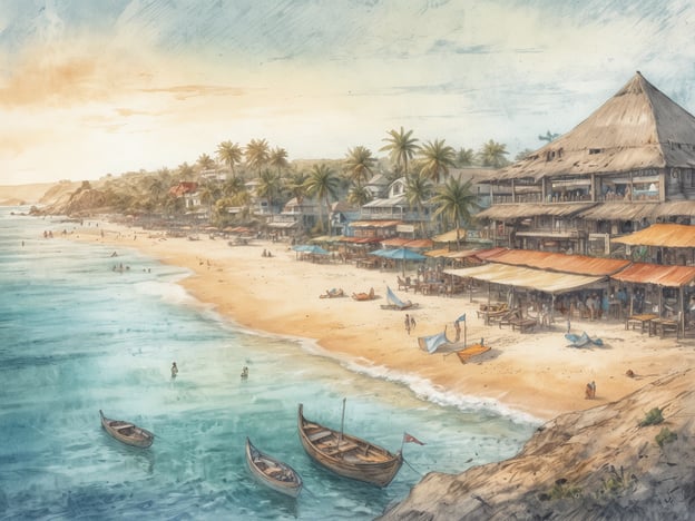 Auf dem Bild ist eine malerische Strandlandschaft zu sehen. Die warme Abendsonne beleuchtet den Strand, der von Palmen gesäumt ist. Im Hintergrund erkennt man eine Reihe von traditionellen Gebäuden und Strandrestaurants. Die Szene vermittelt das Gefühl von Entspannung und Freizeit, typisch für beliebte Urlaubsorte.Solche Strände erinnern an bekannte Reiseziele, wie die Strände in Bali oder die Küste Mexikos, wo Veranstaltungen wie Strandpartys und Surf-Wettbewerbe stattfinden. Auch die Atmosphäre von Fischermärkten und lokalen Festivals, die oft in Strandnähe abgehalten werden, wird deutlich. Diese Art von Landschaft ist oft ein Anziehungspunkt für Touristen, die die Kombination aus Natur, Kultur und Genuss erleben möchten.