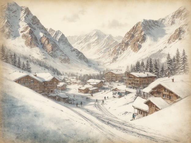Auf dem Bild ist eine winterliche Landschaft mit schneebedeckten Bergen und einem kleinen Dorf zu sehen. Die Szene zeigt gemütliche Holzhäuser, die von Schnee umgeben sind, sowie einige Menschen, die draußen aktiv sind, möglicherweise beim Skifahren oder Spazieren.In Ischgl, einem beliebten Skigebiet, gibt es erstklassige Skimöglichkeiten. Die Region bietet eine Vielzahl von Pisten für alle Schwierigkeitsgrade, moderne Liftanlagen und attraktives Après-Ski. Ischgl ist bekannt für seine hervorragenden Bedingungen und das beeindruckende Panorama der umliegenden Alpen.