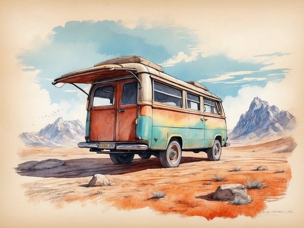 Auf dem Bild sehen wir einen alten, bunten Campingbus, der in einer weiten, sandigen Landschaft steht. Umgeben von majestätischen Bergen und einem klaren Himmel vermittelt die Szene ein Gefühl von Freiheit und Abenteuer.In der Mythologie gibt es viele Geschichten über Reisen und Entdeckungen. Der Campingbus kann als modernes Pendant zu den alten Abenteurern betrachtet werden, die unbekannte Wege erkundeten. Vielleicht erinnert er an die Legende von Odysseus, der auf seiner Reise viele unbekannte Länder betrat und Herausforderungen meisterte.Der Bus könnte auch als Symbol für die Sehnsucht nach dem Unbekannten stehen, ähnlich wie die mythischen Heldinnen und Helden, die sich auf die Suche nach ihren eigenen Abenteuern begeben. In alten Geschichten wird oft betont, dass der Weg das Ziel ist; so wie die Entdeckung neuer Orte im Bus die Möglichkeit bietet, neue Geschichten zu erleben und neue Perspektiven zu gewinnen.