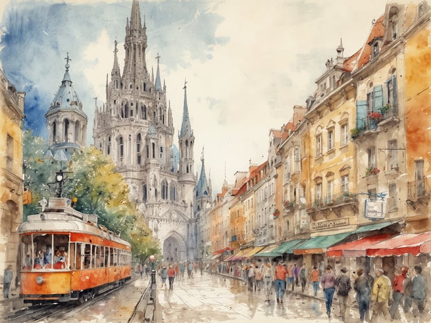 Eine malerische Straßenszene mit einer roten Straßenbahn, die an einem historischen Gebäude mit zahlreichen Türmen und einem detaillierten Eingang vorbeifährt. Die Straße ist gesäumt von charmanten, mehrstöckigen Häusern mit bunten Fensterläden und blühenden Pflanzen. Menschen gehen entspannt auf dem Bürgersteig, und der Himmel zeigt sanfte Wolken. Die Szenerie strahlt eine einladende Atmosphäre aus, die zum Verweilen und Erkunden einlädt. Das Bild repräsentiert eine urbane Umgebung, in der Tradition und modernes Leben harmonisch zusammenfließen und drängt auf die Wichtigkeit von zwei Wochen Urlaub Pflicht.