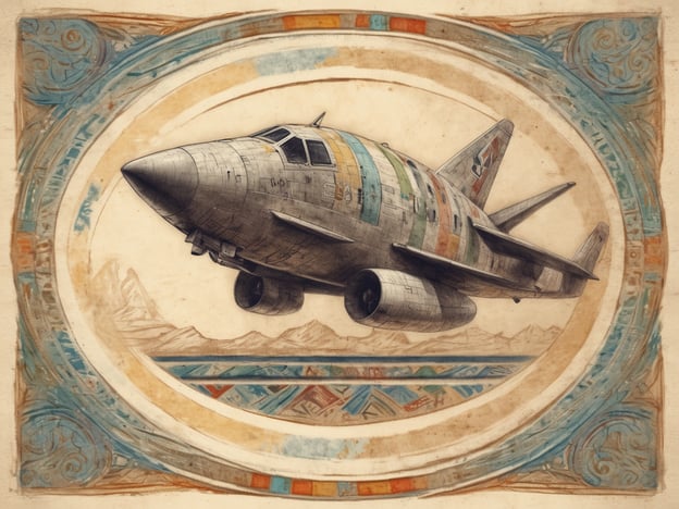 Auf dem Bild ist ein Flugzeug zu sehen, das in einem künstlerischen Rahmen dargestellt ist. Die Verwendung von traditionellem Design und Farben könnte darauf hindeuten, dass es eine Verbindung zu historischen oder kulturellen Bräuchen gibt. In vielen Kulturen werden technische Errungenschaften wie Flugzeuge oft als Symbol des Fortschritts betrachtet.Traditionelle Kunstformen können zudem die Harmonie zwischen Mensch und Technologie verdeutlichen, sowie das Streben nach Freiheit und Innovation, das Fliegen symbolisiert. Solche Darstellungen zeigen oft, wie moderne Entwicklungen in den Kontext von kulturellen Traditionen integriert werden können, was eine spannende Verbindung zwischen Vergangenheit und Zukunft schafft.