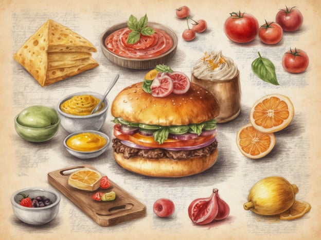 Auf dem Bild sind verschiedene kulinarische Elemente zu sehen, die die Gastronomie bereichern. Im Mittelpunkt steht ein saftiger Burger, der mit frischem Gemüse wie Salat, Tomaten und Zwiebeln belegt ist. Um den Burger herum finden sich eine Auswahl an Beilagen und Zutaten:- Scheiben von Käse und eine Schüssel mit dipfähiger Soße.- Frische Tomaten und einige Zitrusfrüchte, darunter Orangenscheiben und Zitronen.- Eine Schale mit einer Creme oder einem Dessert.- Außerdem gibt es eine kleine Holzplatte, auf der frische Früchte wie Erdbeeren und Blaubeeren angerichtet sind.Diese Zusammenstellung legt den Fokus auf eine Vielfalt an Aromen und Texturen, die in der modernen Küche oft kombiniert werden, und spiegelt die Liebe zur Kulinarik wider.