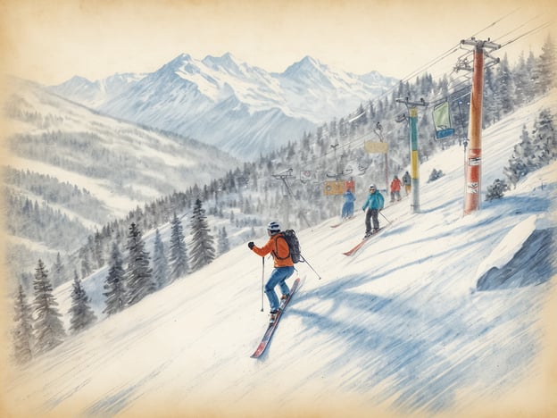 Auf dem Bild ist eine winterliche Skiszene zu sehen. Es zeigt mehrere Skifahrer, die einen Hang hinunterfahren, umgeben von schneebedeckten Bergen und Tannenbäumen. Im Hintergrund sind Skilifte und einige Schilder zu erkennen.Für Anfänger sind sanfte Hänge und breite Pisten ideal, um das Skifahren zu lernen, während Fortgeschrittene die Herausforderung steilerer und technischerer Abfahrten suchen. Beliebte Skigebiete bieten oft spezielle Bereiche für beide Gruppen, sodass jeder Skifahrer auf seine Kosten kommt.