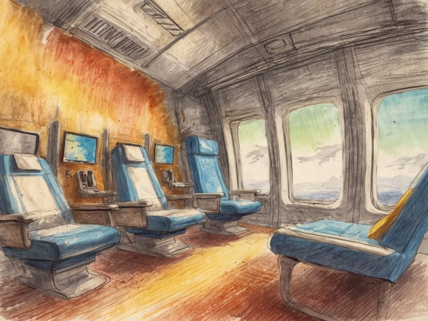 Das Bild zeigt das Innere eines Flugzeugs mit mehreren blauen Sitzen, die in Reihen angeordnet sind. Die Sitze haben eine weiße Polsterung und sind modern gestaltet. An den Sitzen sind kleine Bildschirme angebracht. Der Hintergrund des Kabineninneren ist in warmen Farbtönen gehalten, während große Fenster den Blick auf eine blaue Himmelsszene mit Wolken und möglicherweise Wasser oder Land zeigen. Die Beleuchtung im Bild vermittelt eine gemütliche Atmosphäre.