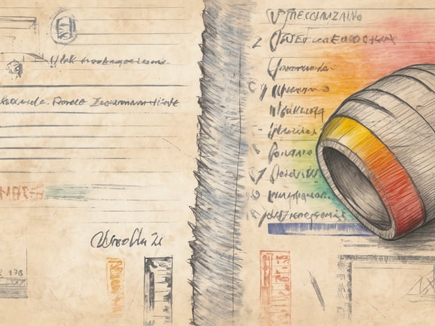 Auf dem Bild ist ein künstlerisches Layout zu sehen, das eine Mischung aus Skizzen und handgeschriebenen Notizen darstellt. Im Vordergrund befindet sich ein stilisiertes Fass mit rot-gelber Farbgebung. Im Hintergrund sind verschiedene Textzeilen und Listen in unterschiedlichen Schriftarten und -größen, einige davon durchgestrichen oder mit Häkchen versehen. Dazu kommen Stempel und farbige Markierungen, die dem Gesamteindruck eine nostalgische Note verleihen.