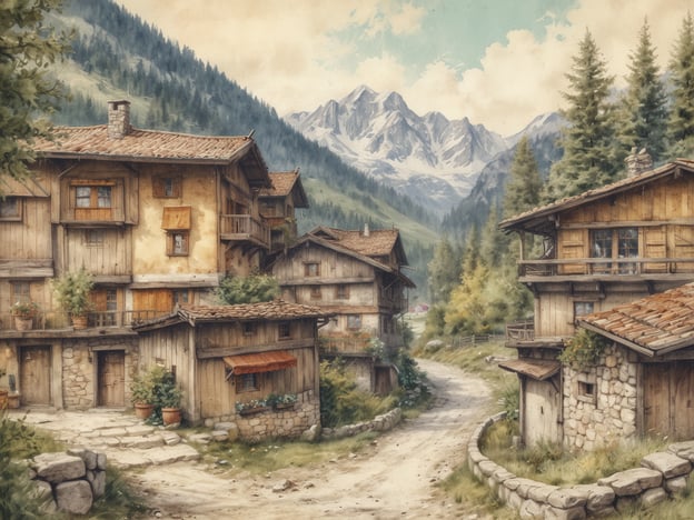 Auf dem Bild sind typisch alpine Holzhäuser zu sehen, die möglicherweise in einer malerischen Ortschaft wie Zell am Ziller im Zillertal, Österreich, stehen. Diese Region hat eine lange Geschichte, die eng mit der Entwicklung des alpinen Lebensstils und der Landwirtschaft verbunden ist. Zell am Ziller, bekannt für seine idyllische Lage umgeben von Bergen, war im Laufe der Jahrhunderte ein wichtiger Ort für das Handwerk und die Landwirtschaft.Die Häuser auf dem Bild könnten aus der Zeit stammen, als man begann, die Region als Ferienziel zu erschließen. Der Einfluss von traditioneller Architektur ist deutlich sichtbar, ebenso wie die natürliche Schönheit der Umgebung, die nicht nur Einheimische, sondern auch viele Touristen anzieht. Die alten Straßen und die ländliche Atmosphäre erzählen von einer Zeit, in der das Leben langsamer und stärker mit der Natur verbunden war.