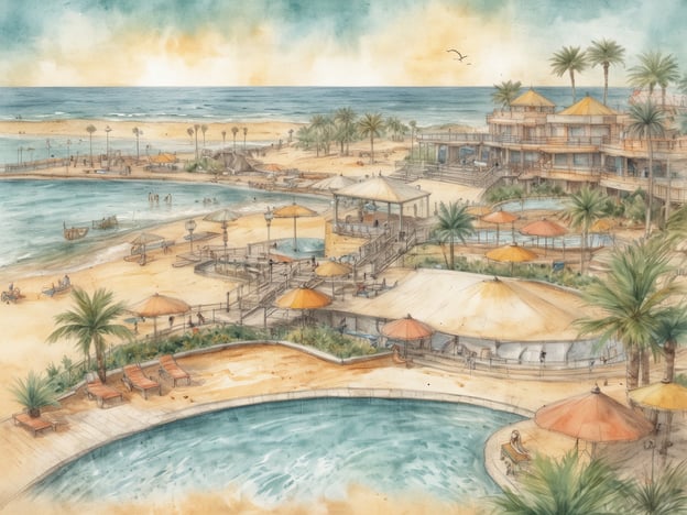 Ein traumhafter Strandresort mit einem großen Pool in der Mitte, umgeben von Sonnenliegen und schattenspendenden Sonnenschirmen. Im Hintergrund sind das Meer und ein feiner Sandstrand zu sehen, an dem einige Urlauber entspannen oder im Wasser schwimmen. Palmen säumen die Uferlinie und bieten eine tropische Atmosphäre. Das Resortgebäude ist mehrstöckig und hat farbenfrohe Dächer, während sich an den Terrassen Familien und Freunde versammeln. Die gesamte Szenerie strahlt eine friedliche und einladende Urlaubsatmosphäre aus, ideal für einen Familienurlaub.