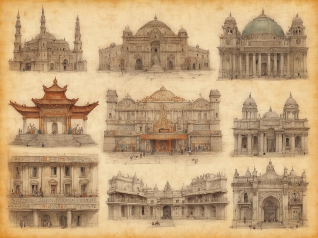 Auf dem Bild sind verschiedene architektonische Highlights zu sehen, die verschiedene kulturelle Stile und Epochen repräsentieren. Oben links ist eine beeindruckende Moschee mit charakteristischen Minaretten, die typisch für islamische Architektur ist. Daneben befindet sich ein majestätisches Gebäude, möglicherweise ein Theater oder ein Opernhaus, das klassizistische Elemente aufweist.In der Mitte sieht man eine asiatisch inspirierte Pagode, die mit einer auffälligen Dachkonstruktion verziert ist. Daneben steht ein prachtvoller Palast oder ein großes Veranstaltungsgebäude, das opulent gestaltet ist.Die untere Reihe zeigt eine antike Fassade mit reich verzierten Säulen und Ornamenten, die an historische staatliche Gebäude erinnert. Zuletzt ist ein elegantes Tor oder Monument zu sehen, das eine Verbindung zu historischen Feierlichkeiten oder Einweihungen haben könnte.Insgesamt vermittelt das Bild einen Eindruck von kulturellem Reichtum und stilistischer Vielfalt, die in der Architektur vieler Länder zu finden sind.