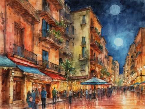 Eine belebte Straße in einer mediterranen Stadt während der Abenddämmerung ist zu sehen. Bunte, historische Gebäude mit Balkonen und Pflanzen umgeben die Straße, die von sanftem Licht erleuchtet wird. Die gepflasterte Straße reflektiert das Licht, und mehrere Menschen schlendern, während sie in Cafés und Geschäfte blicken. Im Hintergrund erheben sich zwei große, leuchtende Monde am Himmel, was dem Szenario eine magische Atmosphäre verleiht. Die gesamte Szenerie strahlt eine einladende und charmante Stimmung aus, ideal für einen Kurztrip.