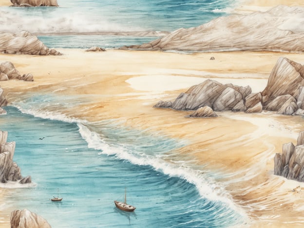 Ein malerischer Strand mit sanften Wellen, die auf den goldenen Sand treffen. Im Wasser sind zwei kleine Boote zu sehen, die friedlich treiben. Im Hintergrund erheben sich sanfte Hügel und massive Felsen, umgeben von klar blauem Wasser und einem leicht bewölkten Himmel, der eine entspannende Atmosphäre schafft. Die Szene vermittelt ein Gefühl von Ruhe und natürlicher Schönheit, ideal für Traumstrände in Europa.