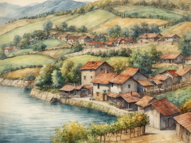 Auf dem Bild ist eine malerische Landschaft zu sehen, die an die Umgebung von Mörbisch am See erinnert. Die sanften Hügel sind mit saftig grünen Wiesen und Weinfeldern bedeckt. Entlang des Wassers, das den Neusiedler See symbolisieren könnte, sind mehrere kleine, rustikale Häuser mit roten Dächern angeordnet. Diese Bauweise spiegelt die traditionelle Architektur der Region wider.Mörbisch am See hat eine reiche Geschichte, die eng mit der Weinbaukultur und der Natur verbunden ist. Das Dorf ist bekannt für seine malerische Lage, romantischen Sonnenuntergänge und das Operettenfestival, das jährlich zahlreiche Besucher anzieht. Die harmonische Verbindung von Wasser, Wein und landwirtschaftlicher Idylle prägt das Bild und erinnert an die einzigartigen Merkmale dieser charmanten Region.