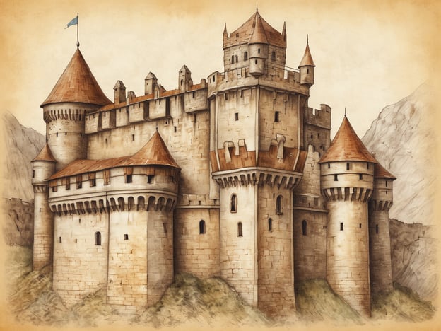 Auf dem Bild ist eine eindrucksvolle Burg zu sehen, die durch ihre charakteristische Architektur hervorsticht. Die Burg hat mehrere Türme, die mit spitzen Dächern versehen sind, und präsentiert eine robuste Mauerbauweise aus Stein. Diese Art von Architektur ist typisch für Mittelalterburgen, die sowohl zur Verteidigung als auch zur Repräsentation dienten.Die Verwendung von Zinnen und der massiven Mauerstruktur deutet darauf hin, dass die Burg möglicherweise in einem gebirgigen oder strategisch bedeutenden Gelände errichtet wurde. Die Kombination von runden und rechteckigen Türmen schafft eine interessante Silhouette und verstärkt die majestätische Erscheinung der Burg. Insgesamt vermittelt das Bild einen Eindruck von Stärke und mittelalterlichem Flair.
