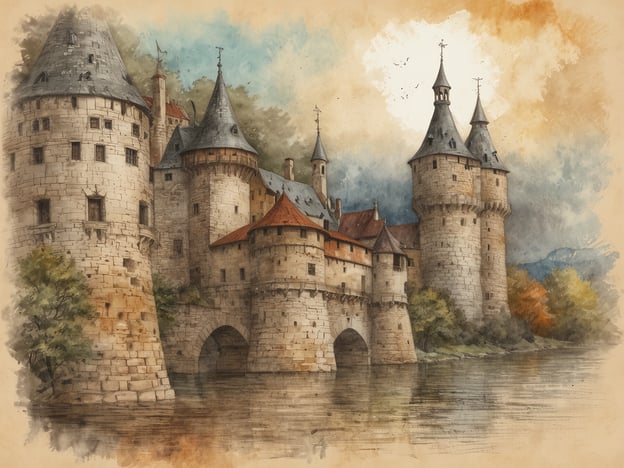 Auf dem Bild ist eine malerische Burg zu sehen, die von Wasser umgeben ist. Diese Darstellung erinnert an die faszinierenden Legenden und Geheimnisse von Burg Güssing. Die Burg, bekannt für ihre beeindruckende Architektur mit hohen Türmen und dicken Steinmauern, hat eine lange Geschichte, die von Rittern, Belagerungen und mysteriösen Geschichten geprägt ist.In der Region gibt es Erzählungen über verborgene Schätze und Geister, die die Nacht bewachen. Auch die strategische Lage der Burg, die über das umliegende Land wacht, spricht für ihre einstige Bedeutung als Schutz- und Wohnsitz. Die Kunstfertigkeit der Darstellung könnte die Romantik und die Geheimnisse der Vergangenheit widerspiegeln, die mit Orten wie Burg Güssing verbunden sind.