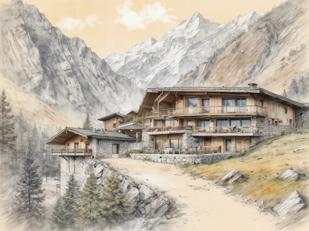 Eine malerische Ansicht von einem modernen Wellness-Hotel in den Bergen, umgeben von majestätischen Felsen und hohen Tannen. Das Hotel ist aus Holz und Stein erbaut und verfügt über große Fenster sowie Balkone, die einen atemberaubenden Blick auf die umliegende Natur bieten. Im Hintergrund erstrecken sich schneebedeckte Berge unter einem sanften, hellen Himmel. Der Weg zum Hotel führt leicht bergauf und vermittelt ein Gefühl von Ruhe und Abgeschiedenheit, ideal für einen entspannenden Urlaub.