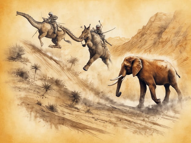 Auf dem Bild sind zwei Reiter zu sehen, die auf großen Tieren durch eine staubige Landschaft reiten. Einer der Reiter sitzt auf einem Dinosaurier, während der andere auf einem Pferd sitzt. Im Vordergrund läuft ein Elefant, der ebenfalls in Bewegung ist. Die Szenerie vermittelt ein Gefühl von Abenteuer und Aufregung in einer kreativen, fantasievollen Umgebung, die an saftigere Wüstenlandschaften erinnert. Die Farben sind warm und erdtonig, was die exotische Atmosphäre verstärkt.