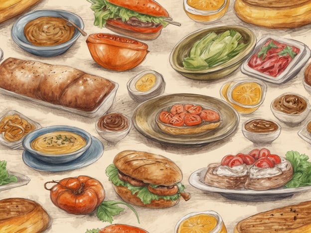 Auf dem Bild sind verschiedene kulinarische Genüsse zu sehen. Es gibt eine Vielzahl von Speisen, darunter:- Brot und Brötchen, die für Sandwiches oder belegte Brötchen verwendet werden können.- Eine Suppenschüssel, die eine cremige oder pürierte Suppe enthält.- Frisches Gemüse wie Salat, Tomaten und aromatische Kräuter, die das Gericht bereichern.- Dips und Saucen in kleinen Schüsseln, die zu den Hauptspeisen passen.- Zitrusfrüchte, wie Zitronen und Orangen, die als Zugabe oder Dekoration dienen könnten.- Ein Teller mit kleinen Häppchen oder belegten Broten, die ansprechend angerichtet sind.Diese Vielfalt an Speisen sorgt für eine ansprechende und einladende kulinarische Darstellung.