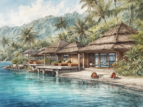 Ein idyllisches Bild von einem luxuriösen Resort am Wasser, das von üppigen, grünen Palmen und majestätischen Bergen umgeben ist. Die stilvollen, strohgedeckten Bungalows stehen direkt am glitzernden, türkisfarbenen Wasser. Vor den Bungalows laden bequeme Liegen zur Entspannung ein, während die ruhige Atmosphäre des tropischen Paradieses Ruhe und Erholung verspricht. Ein perfekter Ort für exklusive Luxusreisen.