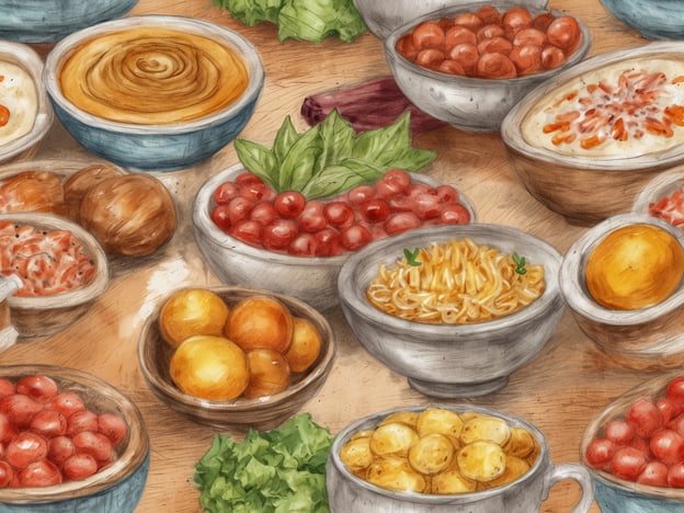 Auf dem Bild sind eine Vielzahl von kulinarischen Genüssen und regionalen Spezialitäten abgebildet. Es gibt unterschiedliche Schalen mit frischen Zutaten, wie Tomaten, die an typische mediterrane Küche erinnern.Eine Schale enthält vermutlich eine würzige Paste oder ein Püree, das in vielen Regionen für Dips oder Aufstriche verwendet wird. Die Nudelgerichte könnten auf asiatische Einflüsse hinweisen, während die verschiedenen Obstsorten eine süße Komponente darstellen.Insgesamt zeigt das Bild eine vielfältige Auswahl an Zutaten, die für reichhaltige und abwechslungsreiche Gerichte verwendet werden können. Diese Art der Präsentation ist typisch für Märkte oder Feste, wo regionale Spezialitäten vorgestellt werden.