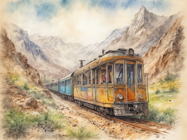 Eine nostalgische Bahn fährt durch eine beeindruckende, gebirgige Landschaft. Majestätische Berge erheben sich im Hintergrund, während die Szene von sanften Farben und einem sanften Himmel geprägt ist. Der Zug besteht aus einem orangefarbenen und einem blauen Waggon. Das Gleis schlängelt sich durch das Gestein und das Grün der Umgebung, was ein Gefühl von Abenteuer und Freiheit vermittelt. Ein Roadtrip bietet die Möglichkeit, solche atemberaubenden Landschaften in Eigenregie zu erkunden, unvergessliche Erlebnisse zu sammeln und die Freiheit der Straße zu genießen.