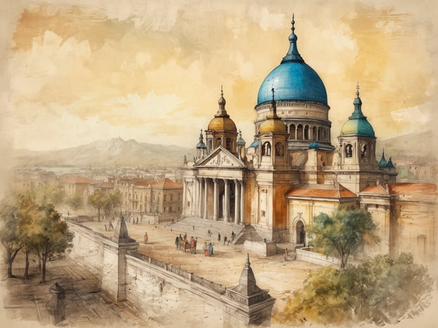 Auf dem Bild ist eine prachtvolle Architektur zu sehen, die an eine historische Kirche oder Kathedrale erinnert, möglicherweise mit einer Mischung aus verschiedenen Stilrichtungen. Diese Art von Bauwerk könnte eine Verbindung zur Geschichte von Klagenfurt haben, der Hauptstadt von Kärnten in Österreich.Klagenfurt wurde im 12. Jahrhundert gegründet und entwickelte sich im Laufe der Jahrhunderte zu einem wichtigen kulturellen und wirtschaftlichen Zentrum. Die Stadt ist bekannt für ihre barocken und gotischen Bauwerke, darunter der berühmte Dom, der ein zentrales Element der Stadt ist. Die verschiedenen Türme und Kuppeln in dem Bild könnten symbolisch für die unterschiedlichen Epochen stehen, die Klagenfurt geprägt haben.In der Umgebung könnte man Menschen sehen, die das Leben in dieser historisch reichen Stadt zeigen, während die landschaftliche Kulisse auf die Alpen deutet, die Klagenfurt umgeben.
