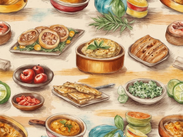 Auf dem Bild sind verschiedene kulinarische Highlights zu sehen. Es gibt köstliche Aufläufe, gefüllte Teigtaschen, frische Salate sowie saftige Früchte wie Äpfel und Limetten. Außerdem sind kleine Schalen mit Suppen und anderen aromatischen Gerichten abgebildet, die mit Kräutern verfeinert sind. Die Vielfalt der Speisen vermittelt ein Gefühl von Genuss und reichhaltiger Küche. Ideal für ein buntes, mediterranes Buffet!