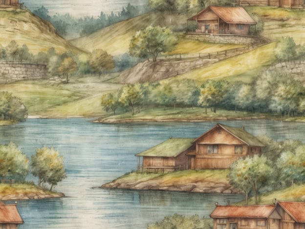 Das Bild zeigt eine malerische Landschaft mit einer ruhigen Wasseroberfläche, umgeben von sanften Hügeln und mehreren Holzhäusern. Diese Szenerie könnte an die idyllische Umgebung von Pörtschach am Wörthersee erinnern, einem Ort, der für seine natürliche Schönheit und seine unberührte Landschaft bekannt ist.Pörtschach hat eine lange Geschichte, die bis in die römische Zeit zurückreicht. Die Region war ein beliebtes Ziel für Erholungssuchende, besonders im Sommer. Die charmante Atmosphäre, verbunden mit den schönen Ausblicken auf den Wörthersee, zieht Besucher auch heute noch an. Die traditionell gestalteten Holzhäuser im Bild könnten gut zu den zahlreichen Ferienhäusern passen, die am Ufer des Sees stehen und einen Eindruck von der harmonischen Verbindung zwischen Mensch und Natur vermitteln.