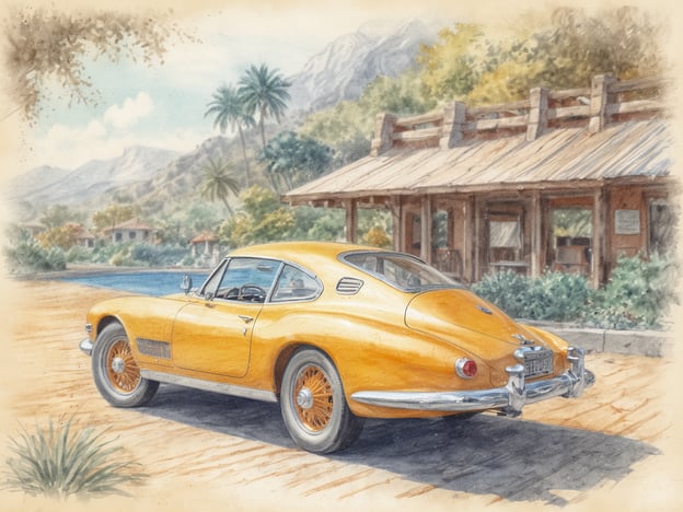 Auf dem Bild ist ein gelber Oldtimer zu sehen, der auf einer sonnigen Straße parkt. Im Hintergrund erkennt man eine malerische Landschaft mit Palmen und sanften Hügeln, die eine entspannte und friedliche Atmosphäre vermittelt. Das Auto wirkt klassisch und elegant, was Erinnerungen an schöne Autofahrten hervorruft.Diese Szene lädt Eltern und Kinder ein, gemeinsam die Natur zu genießen und schöne Ausflüge zu planen. Ein Picknick im Freien oder ein Ausflug in die Berge könnte eine wunderbare Möglichkeit sein, Zeit miteinander zu verbringen, relaxen und die Schönheit der Umgebung zu entdecken. Solche Erlebnisse fördern die Familienbande und schaffen unvergessliche Erinnerungen.