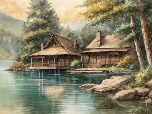 Auf dem Bild sind zwei charmante Holzhäuser zu sehen, die direkt am Ufer eines ruhigen Sees stehen. Die Häuser haben überdachte Terrassen und scheinen in eine malerische, natürliche Landschaft eingebettet zu sein. Umgeben von Bäumen und sanften Hügeln strahlt die Szene eine friedliche Atmosphäre aus, die an die Idylle von Faak am See erinnert.In Faak am See sind ähnliche landschaftliche Schönheiten zu finden. Der klare Wassersee, die umgebenden Berge und die traditionellen Gebäude schaffen eine perfekte Kulisse für Erholung und Naturerlebnisse. Es ist ein Ort, an dem man die Freizeit genießen und die Schönheit der alpenländischen Natur erleben kann. Die ruhige Umgebung lädt zum Entspannen und Verweilen ein, gerade so wie die dargestellten Holzhäuser am Seeufer.